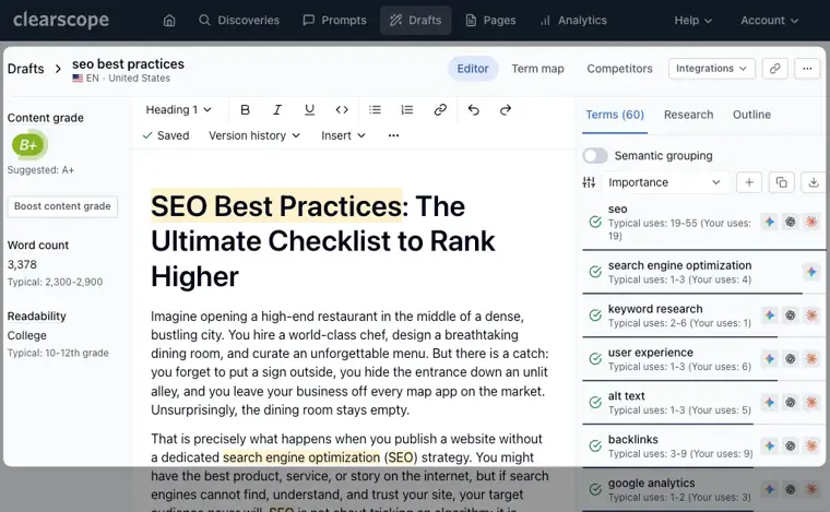 Clearscope: Content grading and optimization