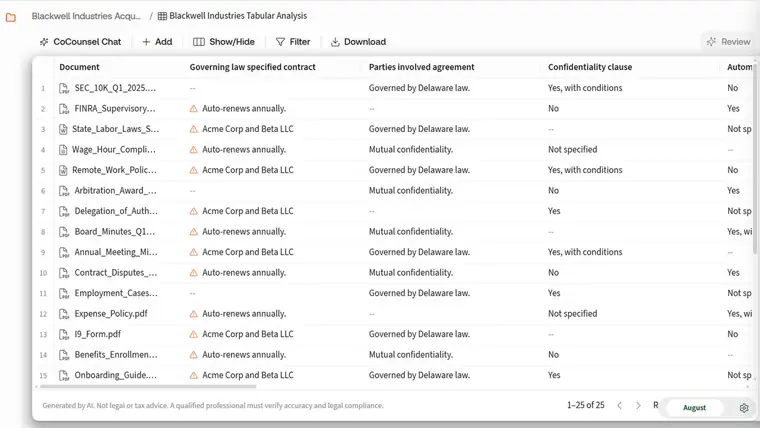 CoCounsel: Tabular Analysis