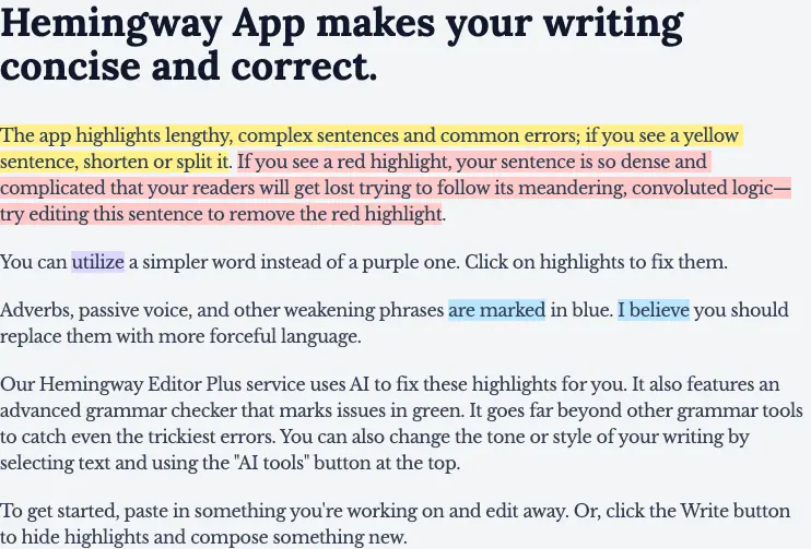 Hemingway Editor: Sentence complexity highlighting
