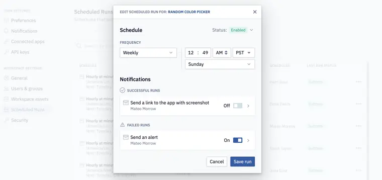 Hex: Scheduled runs and alerts