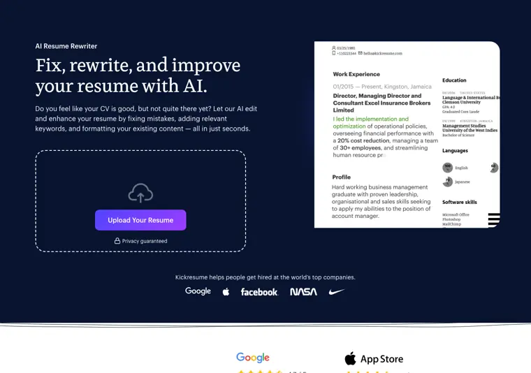 Kickresume: AI resume rewriter