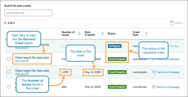 Moz Pro: On demand crawl