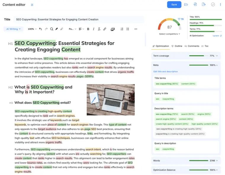 NeuronWriter: Keyword analysis and recommendations