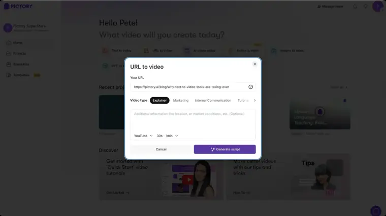 Pictory: Blog post to video