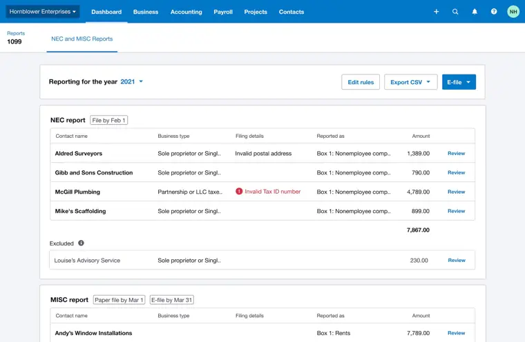 Xero: W 9 and 1099 management